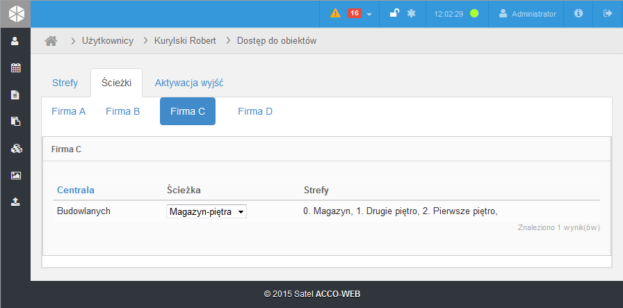 22 ACCO-WEB SATEL Zakładka Ścieżki Rys. 18. Zakładka Ścieżki na stronie Dostęp do obiektów przykładowego użytkownika.