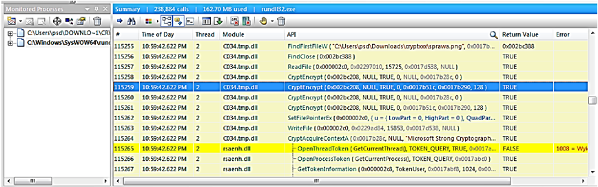 CryptXXX V3 Analiza użytego mechanizmu szyfrowania 115 Po wskazaniu w APIMonitor procesu, który zamierzałem monitorować, wznowiłem wykonywanie kodu wirusa w trybie ciągłym.