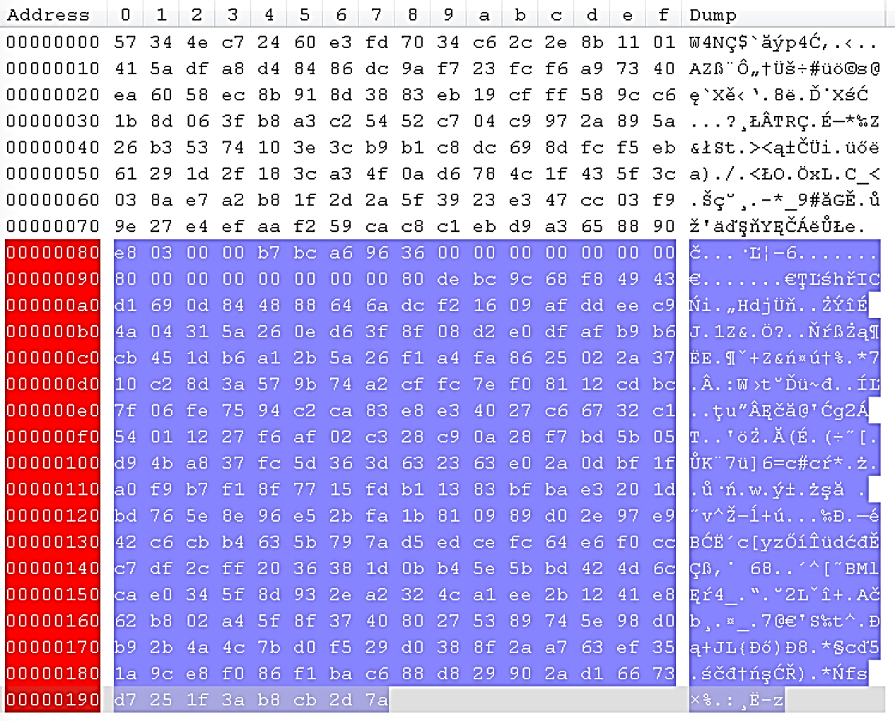 CryptXXX V3 Analiza użytego mechanizmu szyfrowania 97 Rys. 4. Zaznaczone dodatkowe bajty w pliku gif W dalszym ciągu nieznane było znaczenie tych bajtów.