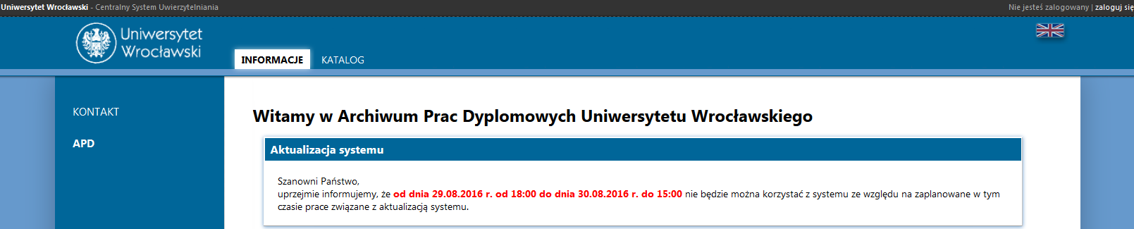 1. Logowanie do Archiwum Prac Dyplomowych (APD) W celu zalogowania się do Archiwum Prac dyplomowych należy wejść na