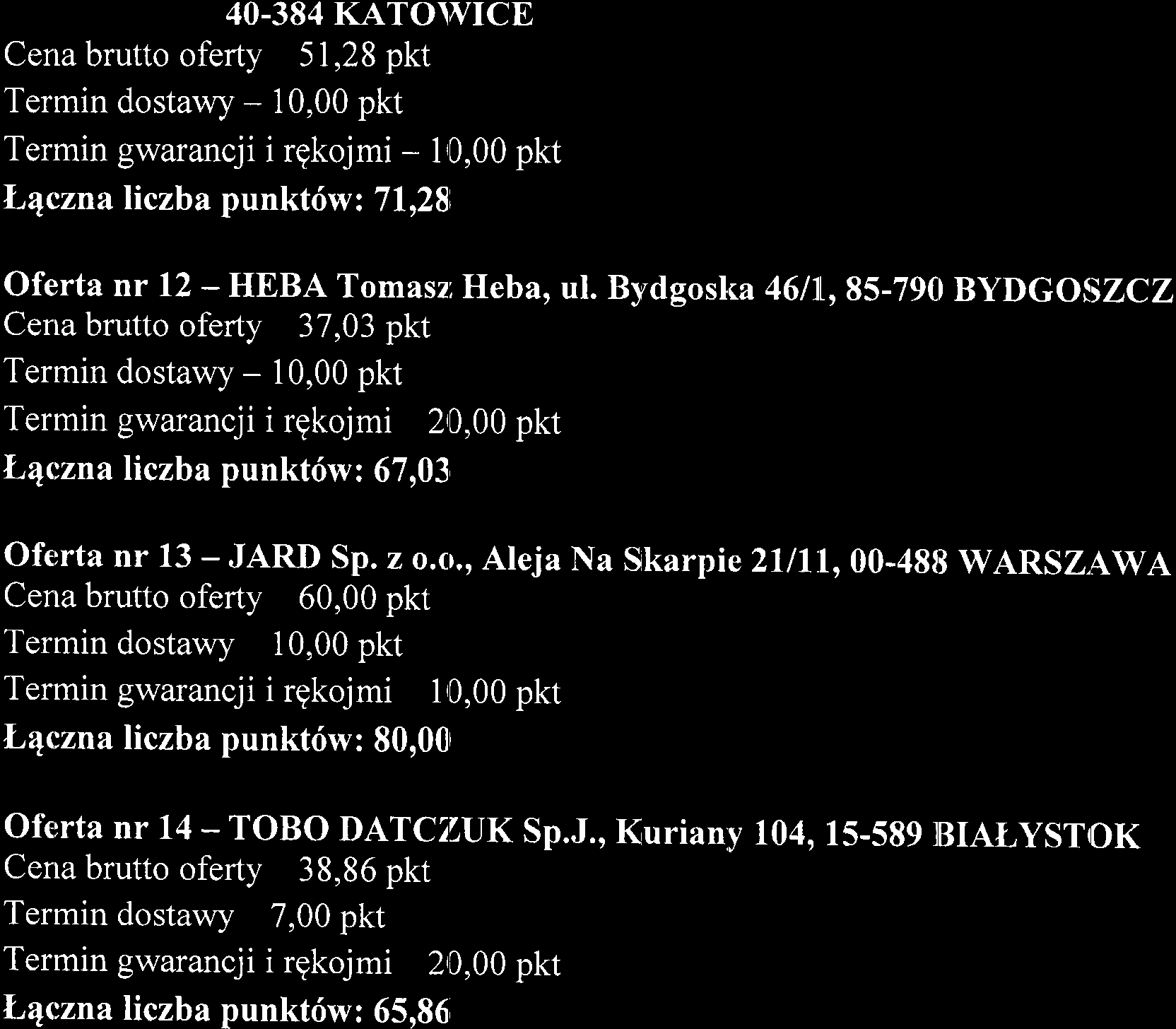 Bp' Herberta Bednorza2A-6, 40-384 KATO\VICE Cena brutto oferty - 51,28 pkt Termin gwarancji i rgkojmi - 10,00 pkt N,4czna liczba punkt6w: 7lr28i, oferta nr 12 - HEBA Tomasz:Heba, ul.