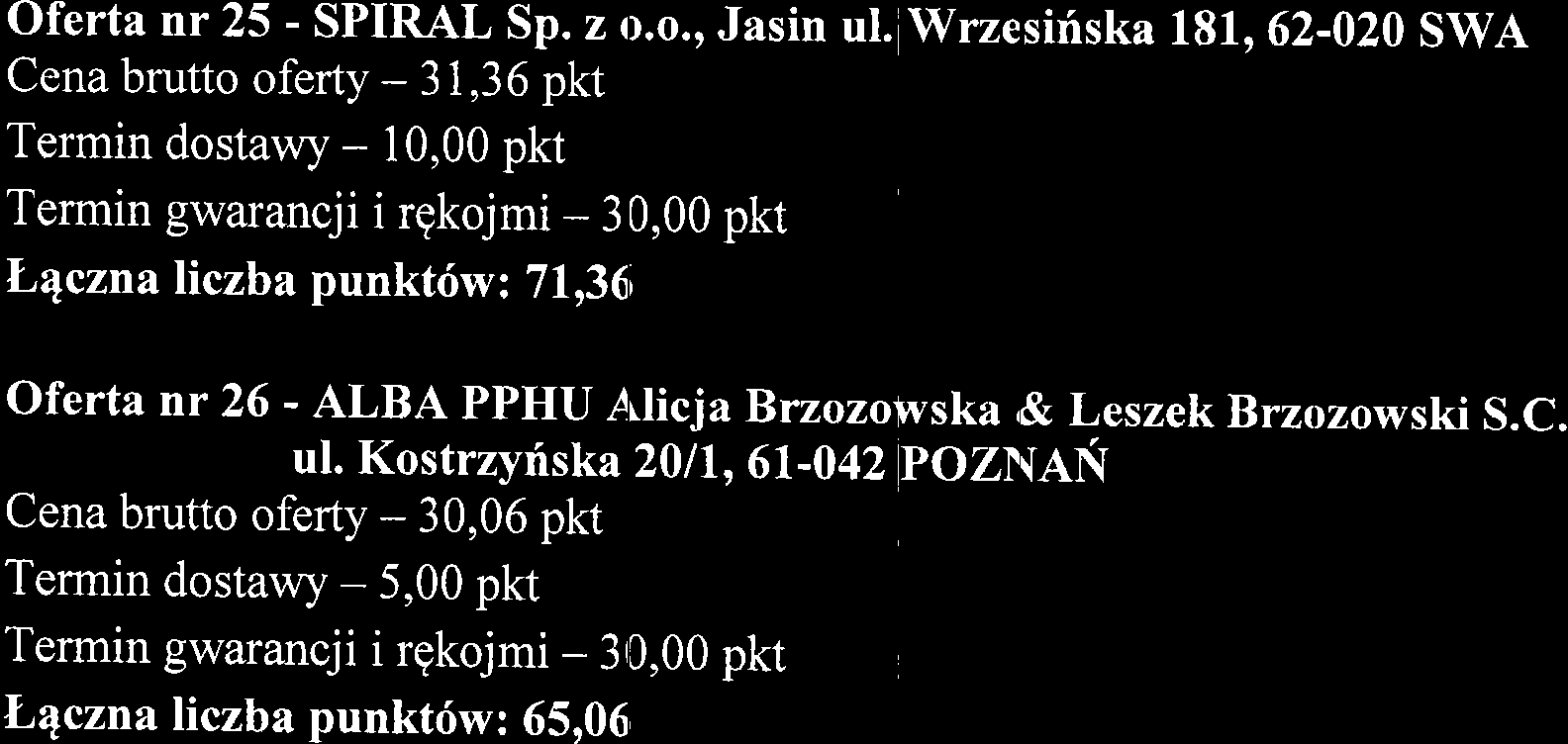 Dobrepol 6l-324 POZN/IN Cena brutto oferty - 43,61 pkt tr qczna liczba punktriw: 83,61 oferta nr 25 - SPIRAL Sp. z o.o., Jasin ul.