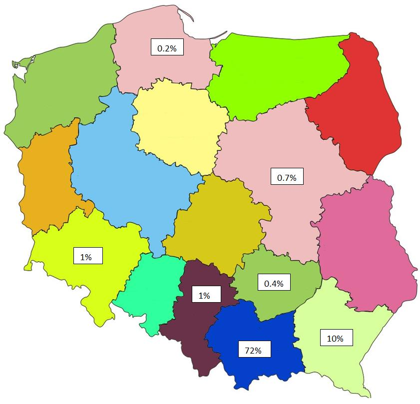 Analizując miejsce zamieszkania osób, które zadeklarowały, że obecnie mieszkają w Polsce zauważamy, że najwięcej osób mieszka w województwie małopolskim, przy czym odsetek ten zmniejszył się o 9