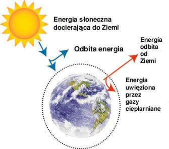 Skutki zanieczyszczeń powietrza - Efekt cieplarniany Zjawisko podwyższania się temperatury Ziemi, powodowane obecnością gazów cieplarnianych (dwutlenek węgla, ozon, metan, podtlenek azotu) w