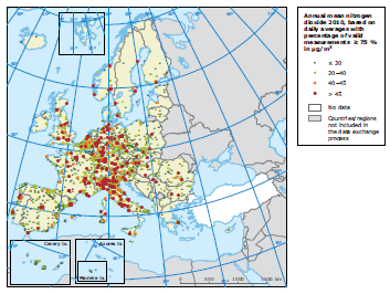 Średnie roczne stężenia NO 2 w Europie w