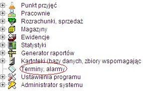 1. Terminy, alarmy Gałąź Terminy, alarmy znajdująca się na drzewie poleceń, umożliwia przygotowanie komunikatów, terminów i alarmów związanych z pracą w laboratoriach.