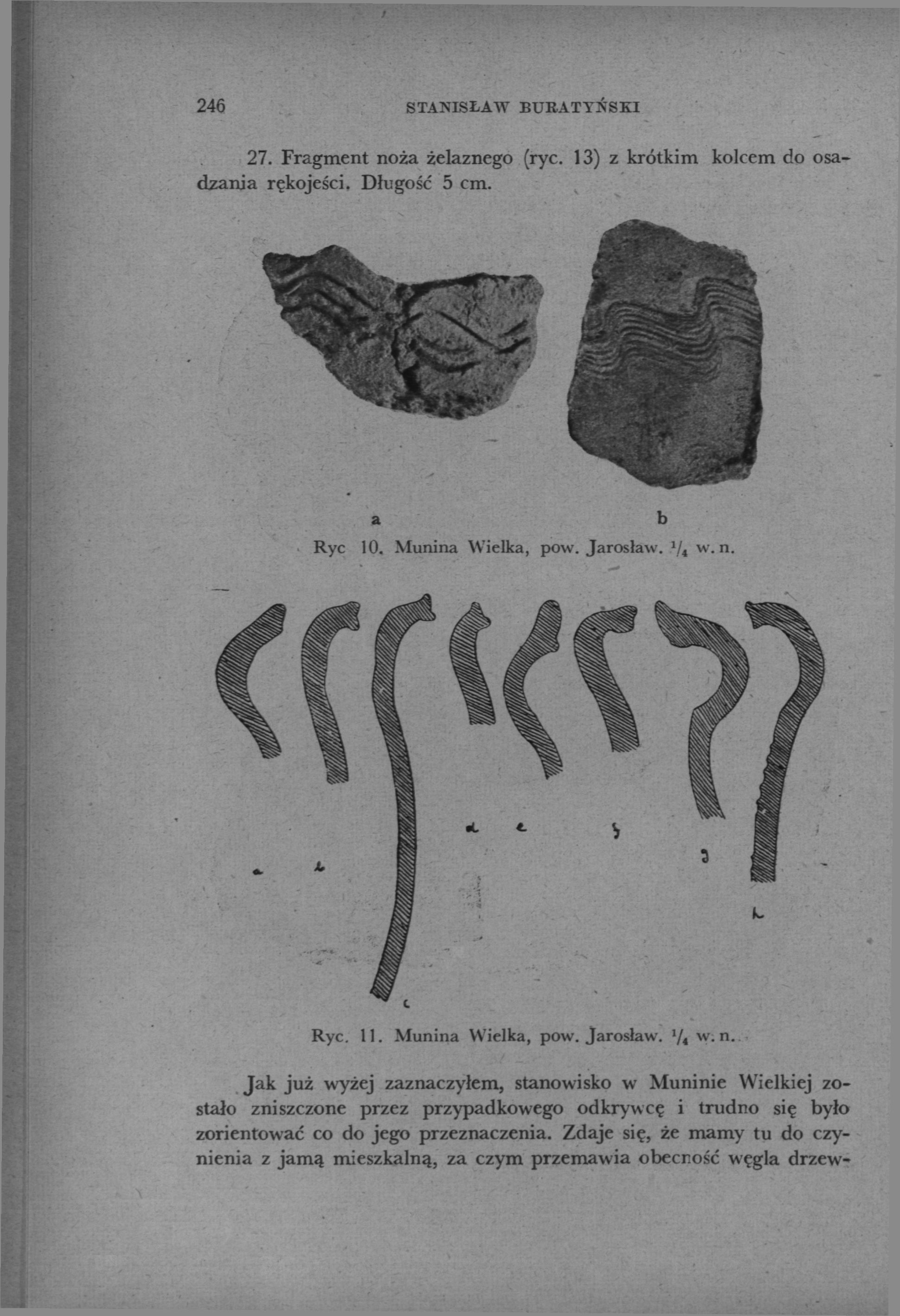 246 STANISŁAW BURATYŃSKI 27. Fragment noża żelaznego (ryc. 13) z krótkim kolcem do osadzania rękojeści. Długość 5 cm. a Ryc 10. Munina Wielka, pow. Jarosław. 1 / t w. n. b Ryc. 11. Munina Wielka, pow. Jarosław. '/«w.