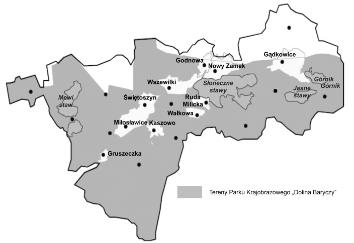 Ryc. 1. Położenie wybranych obrębów na tle zasięgu PK Dolina Baryczy Źródło: Nowak (2010) (ryc. 1-3, 5). nej ponad 130%.