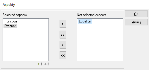 Oznaczenia podzielone są na Aspekt funkcji, Aspekt Położenia i Aspekt produktu. Możesz tworzyć oznaczenia bezpośrednio w każdym aspekcie, możesz zaimportować listę np.