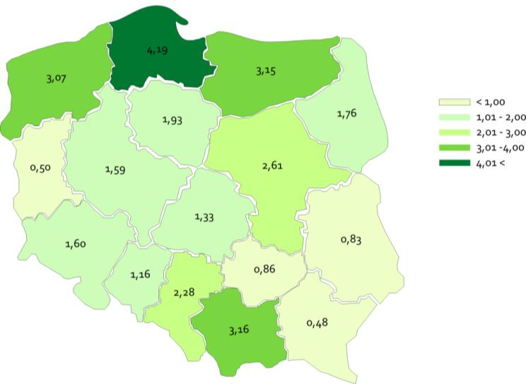 S t r o n a 21 Rysunek 3. Liczba biur podróży działających wyłącznie na terytorium Polski przypadających na 100 000 mieszkańców województwa w 2008 roku Źródło: Opracowanie własne na potrzeby badania.