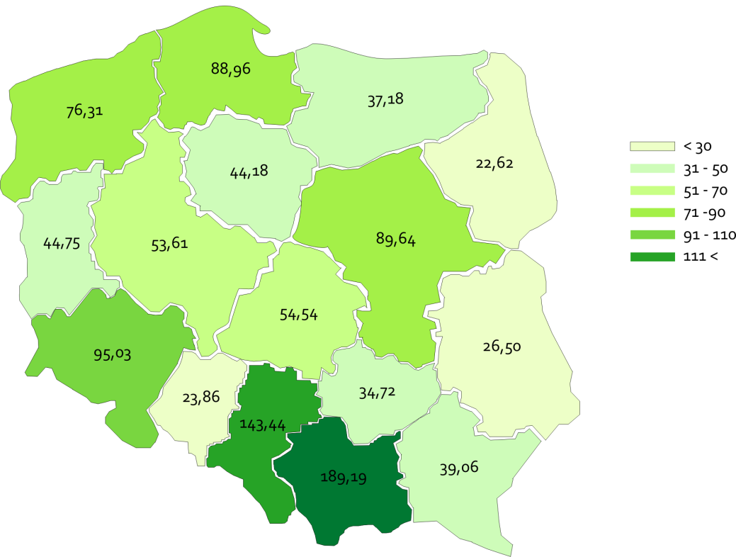 S t r o n a 48 Rysunek 6. Wskaźnik Deferta w województwach w 2010 roku Źródło: Opracowanie własne na potrzeby badania.