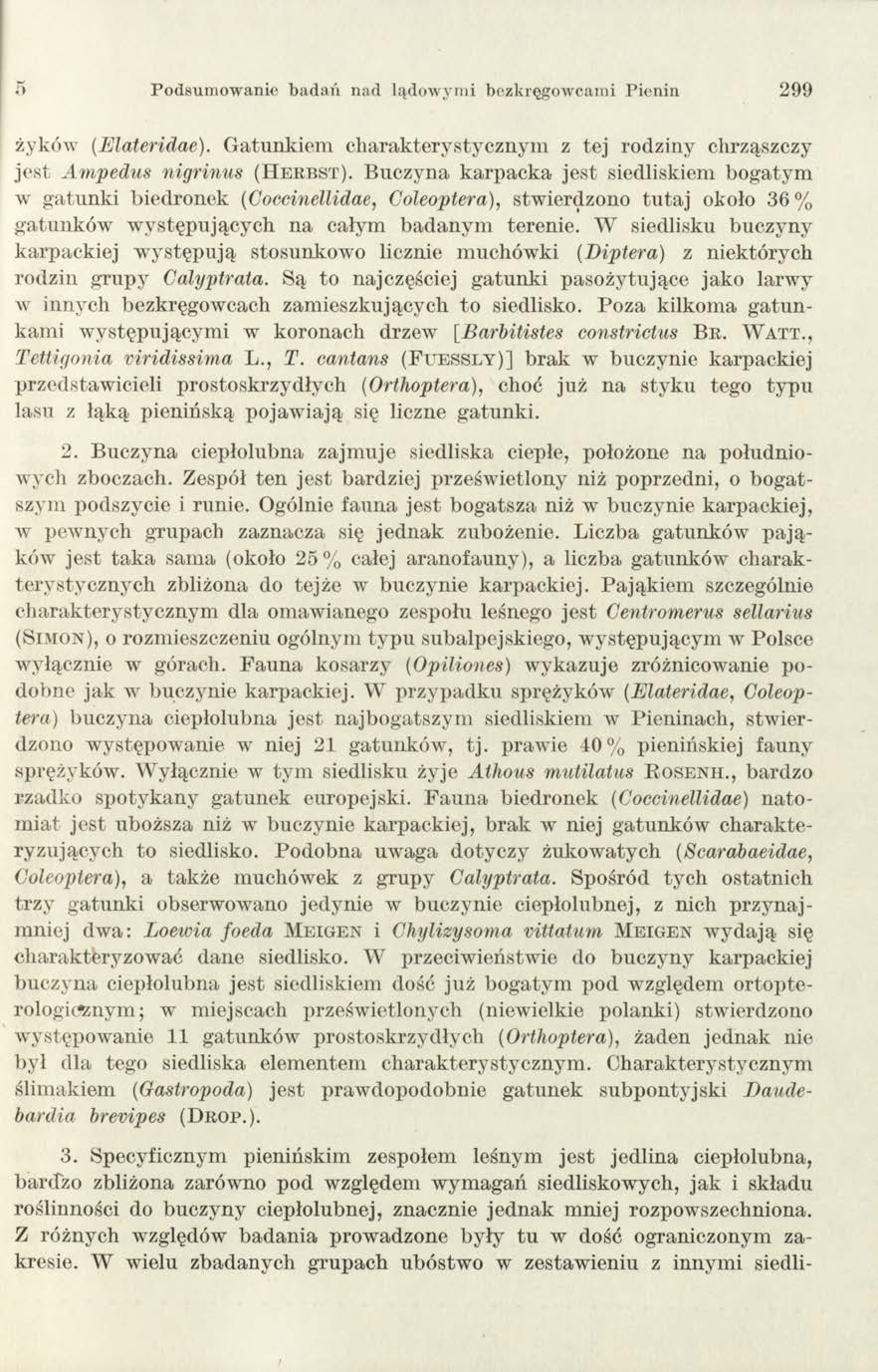 Podsum ow anie bad ań nad lądow ym i bezkręgow cam i Pienin 299 żyków (Elateridae). G atunkiem charakterystycznym z tej rodziny chrząszczy jest Ampedus nigrinus (H e r b s t ).