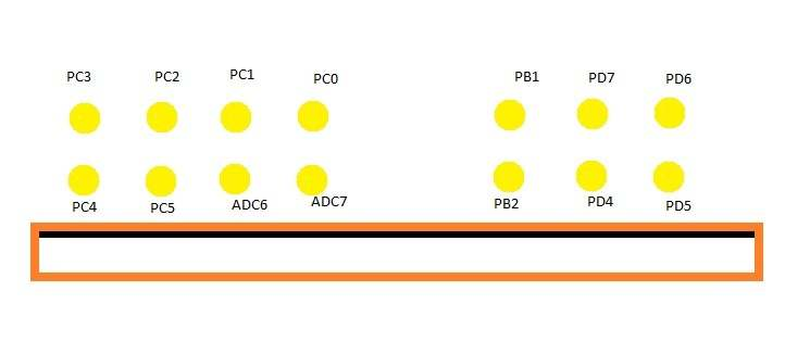 rys.16. Wyprowadzenia konkretnych pinów z układu. Czujniki są podłączone od pinu PC0 do pinu PC5 włącznie. Na pinach PB1 i PB2 są wyprowadzone sygnały MSI (PWM).