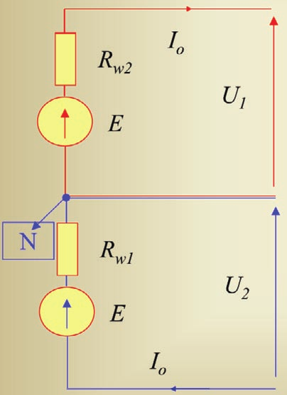 Schemt zstępczy obwodu DC bterii kumultorów w zsilczu UPS. Środek bterii podłączony jest do przewodu neutrlnego obiektu. W jednej głęzi znjdują się 32 kumultory 12 V.