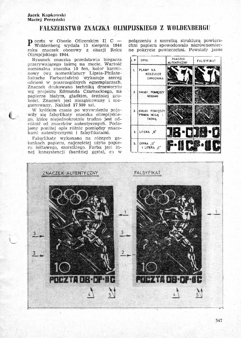 Jacek Kapkowski Maciej Ferzyński FAŁSZERSTWO ZNACZKA OLIMPIJSKIEGO Z WOLBENBERGU ocala w Obozie Oficerskim II C P Woldenberg wydała 13 sierpnia 1944 roku znaczek obozowy z okazji Roku Olimpijskiego