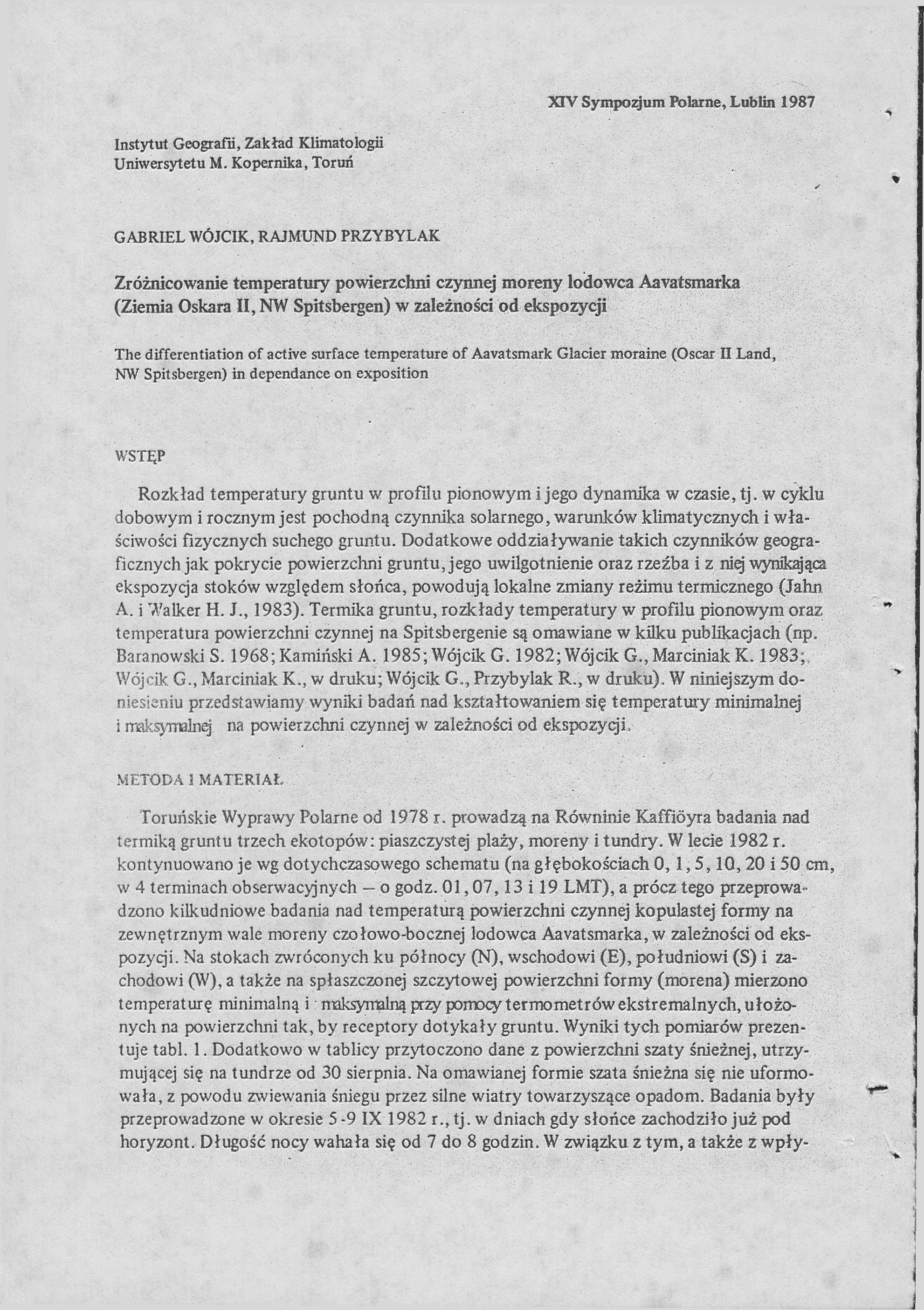 XIV Sympozjum Polarne, Lublin 1987 Instytut Geografii, Zakład Klimatologii Uniwersytetu M.