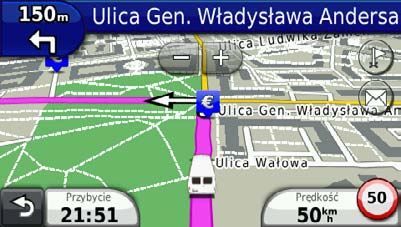 Korzystanie z funkcji mapy ➊ ➋ ➌ ➍ ➎ ➏ ➐ Wybierz ➊, aby wyświetlić następny zwrot. Jeśli widok skrzyżowania jest dostępny, zostanie wyświetlona strona widoku skrzyżowania.