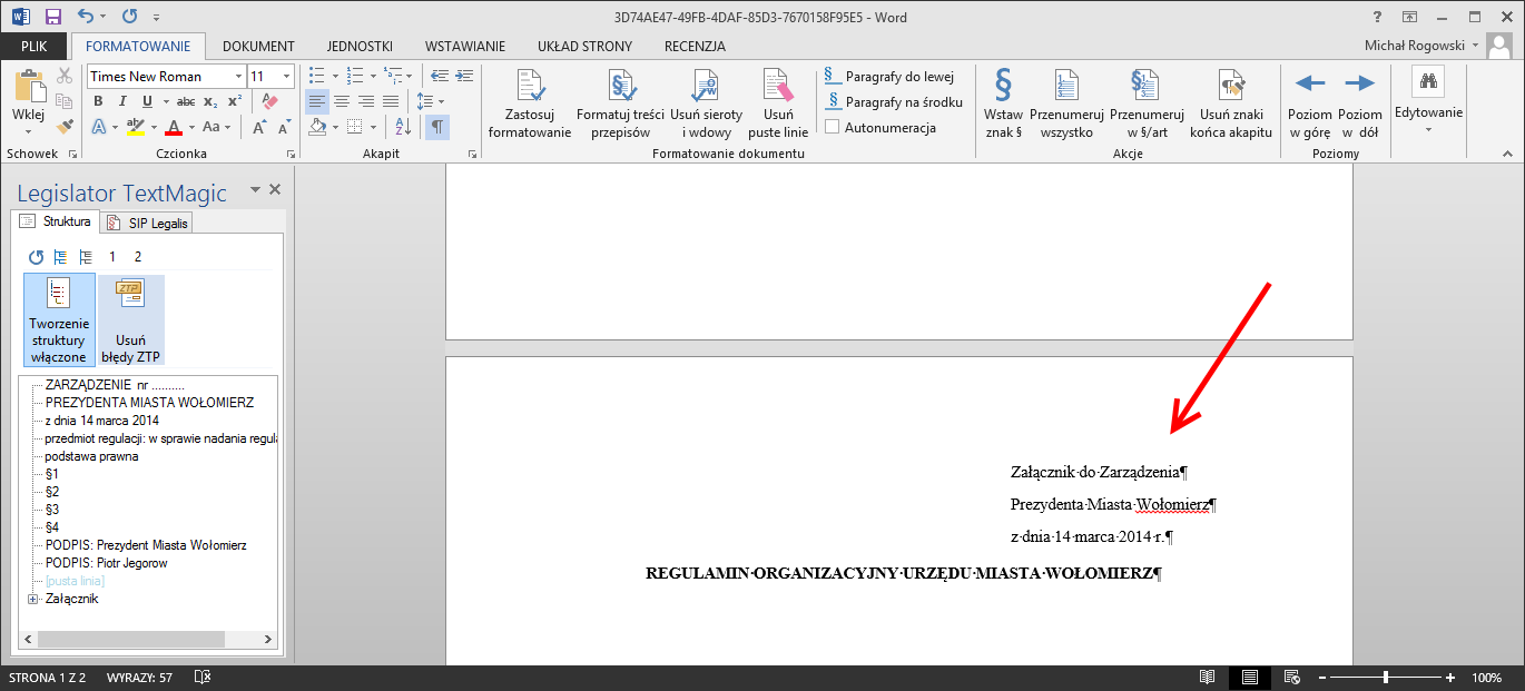 Po określeniu właściwych danych oraz wpisaniu tytułu wybieramy Zastosuj załącznik zostanie dodany od nowej strony: Oczywiście, w razie potrzeby zmiany (korekty) czy to tytułu czy nagłówka załącznika,