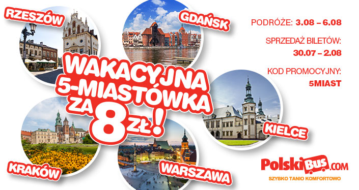 Druga Edycja 5 Polskiego Busa Miast od Witajcie drodzy czytelnicy! Mamy czwartek, więc dziś kolejna promocja od Polskiego Busa. Znów tanie bilety, a na odpowiedź na pytanie gdzie?
