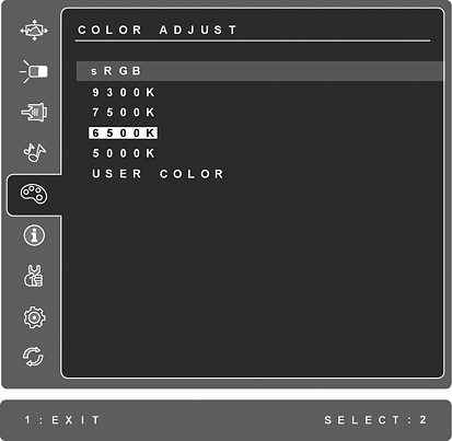 Element Objaśnienie Color Adjust (Regulacja kolorów) oferuje kilka opcji regulacji kolorów: ustawione fabrycznie temperatury kolorów oraz User Color (Indywidualne ustawienia koloru) pozwalające