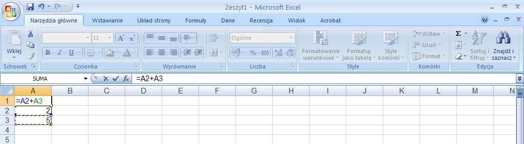 Rys. 2. Formuła składająca się z samych liczb To samo działanie można wykonać wprowadzając do formuły adresy komórek zamiast liczb. Wprowadzamy do komórek A2 i A3 odpowiednio wartości 2 i 5.