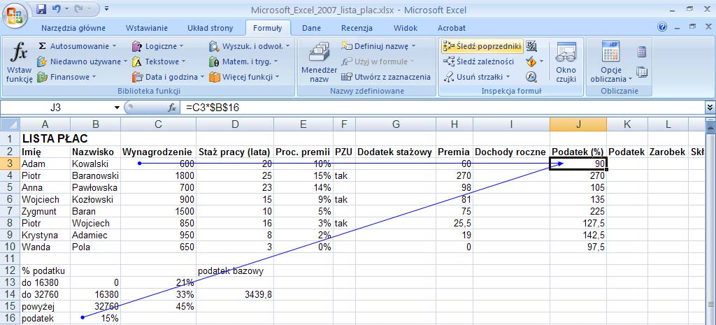 Sprawdzanie poprawności formuł (inspekcja formuł) Excel posiada doskonałe narzędzia do sprawdzania odwołań w formułach. Narzędzia te znajdują się na zakładce Formuły w sekcji Inspekcja formuł. Rys. 7.