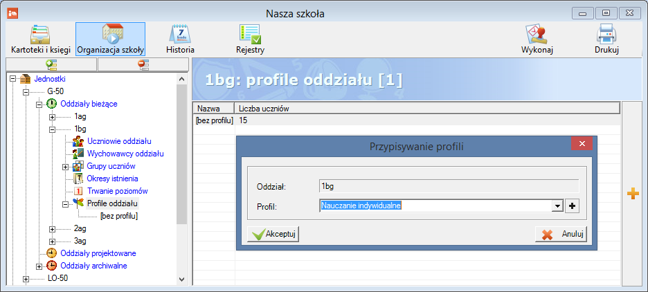 Jak w systemie UONET opisać oddział, do którego uczęszcza uczeń objęty nauczaniem indywidualnym?