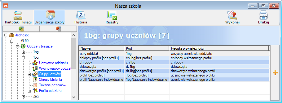 dziewczęta profilu oraz chłopcy profilu (aby następnie grupy te przypisać do zajęć wychowania fizycznego dziewcząt i chłopców w planie nauczania profilu).