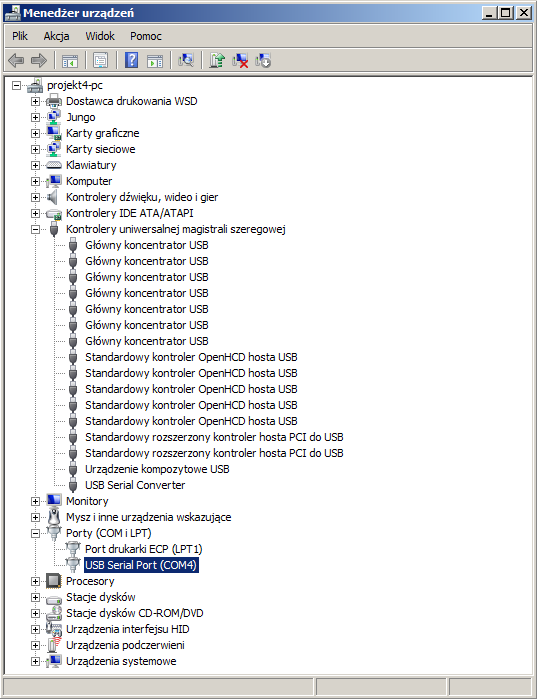 szeregowej pojawi się nowy wpis - USB Serial Converter. Aby dokończyć instalację, należy ponownie kliknąć prawym przyciskiem na nazwę urządzenia, i wybrać opcję Aktualizuj oprogramowanie sterownika.