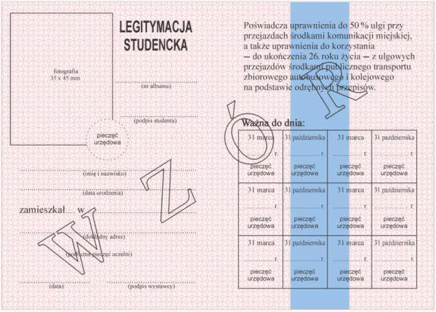 WZÓR LEGITYMACJI STUDENCKIEJ Strony wewnętrzne Str. 1 Str.