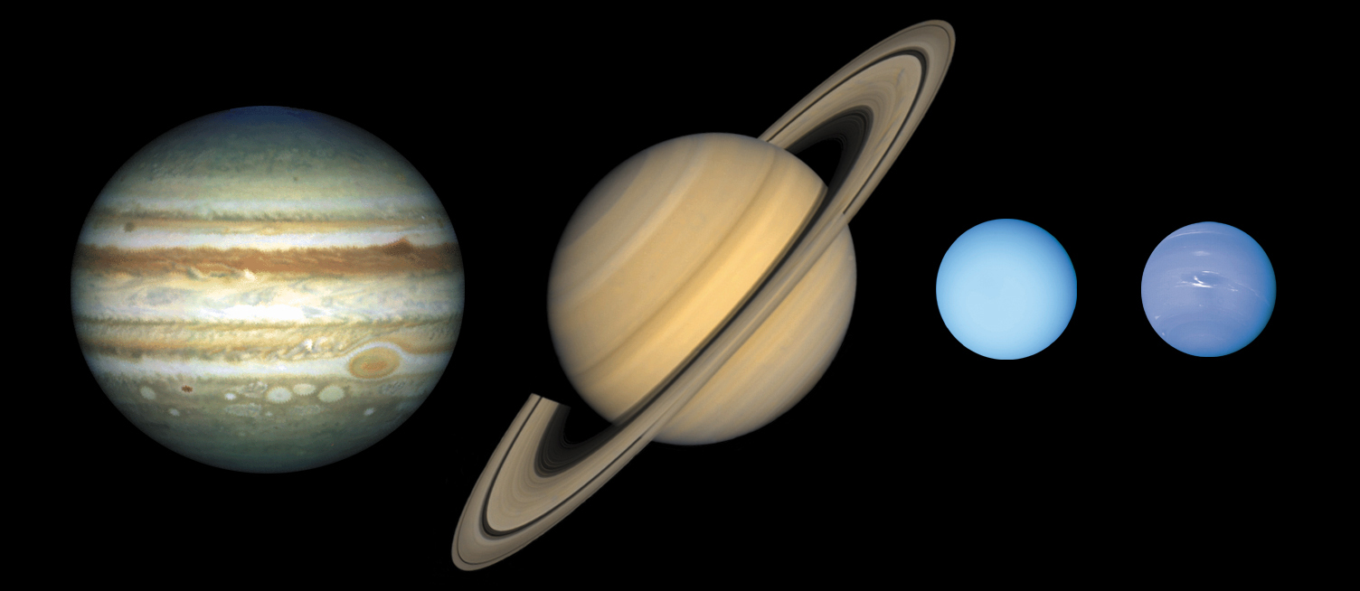 Planety zewnętrzne Jowisz Saturn Uran Neptun m 318 95 15 17 D 142800 120000 51118 49528 a 5.20 9.54 19.18 30.06 e 0.