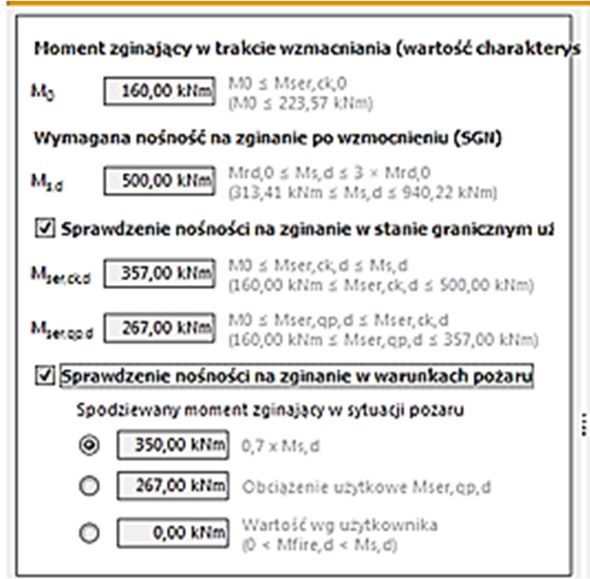 Referaty sposorowane 939 obciążający wymiarowany przekrój w chwili aplikacji wzmocnienia (taśm lub mat węglowych), M 0.