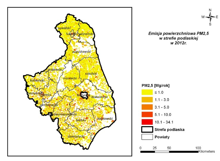 Rysunek 5. Emisja punktowa pyłów zawieszonych PM2,5 w strefie podlaskiej w 2012 r. Źródło: Program ochrony powietrza dla strefy podlaskiej Rysunek 6.