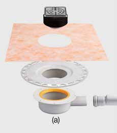 Schlüter -KERDI-DRAIN-BASE Przykład zabudowy (a) a Obudowa wpustu b Redukcja z DN40 na DN 50 c Nasadka do podłoży cienkowarstwowych d Manszeta Schlüter -KERDI e Kratka ze stali nierdzewnej z