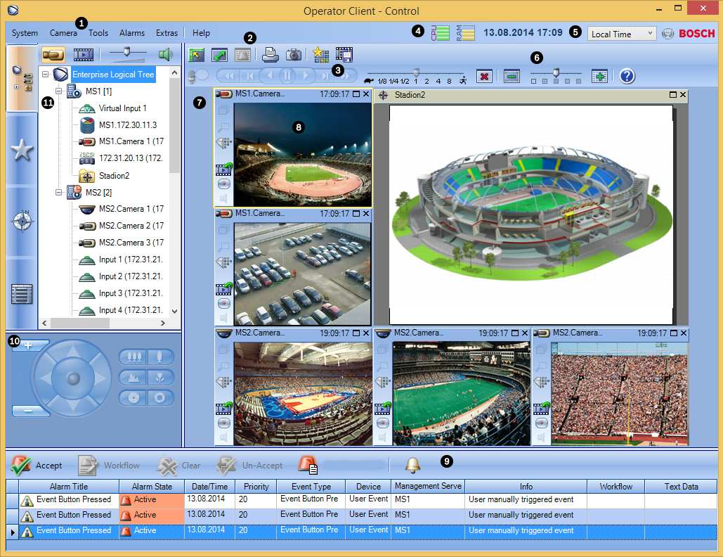 104 pl Interfejs użytkownika Bosch Video Management System 1 Pasek menu Umożliwia wybór polecenia z menu. 2 Pasek narzędzi Wyświetla dostępne przyciski.