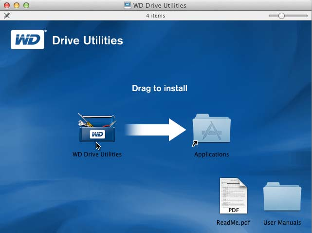 2. Przeciągnij ikonę programu WD Drive Utilities do aliasu folderu Applications (Aplikacje) na wyświetlonym ekranie: 3.