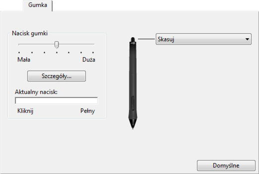 11 REGULACJA NACISKU GUMKI Aby ustawić czułość nacisku gumki pióra, wybierz kartę GUMKA. Pozwala dostosować siłę nacisku wymaganą podczas wymazywania.