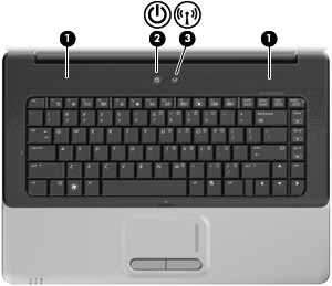 Przyciski i głośniki Element Opis (1) Głośniki (2) Umożliwiają odtwarzanie dźwięku. (2) Przycisk zasilania Gdy komputer jest wyłączony, naciśnij przycisk, aby go włączyć.
