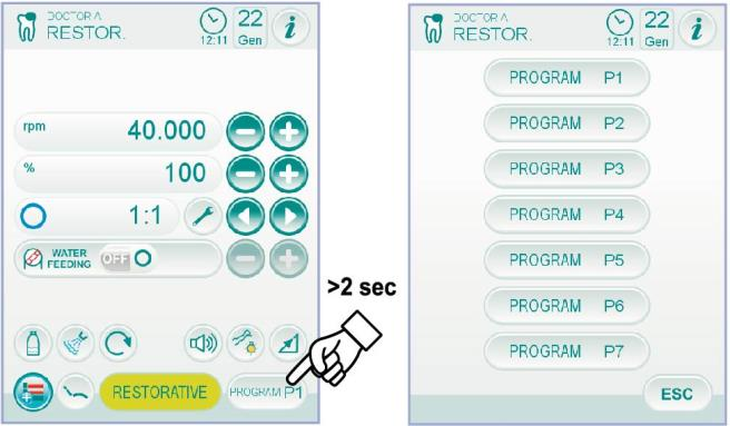 Wybór programów roboczych mikrosilnika. Mikrosilnik posiada 7 programów roboczych wybieranych cyklicznie poprzez wciśnięcie odnośnego przycisku z ikoną.