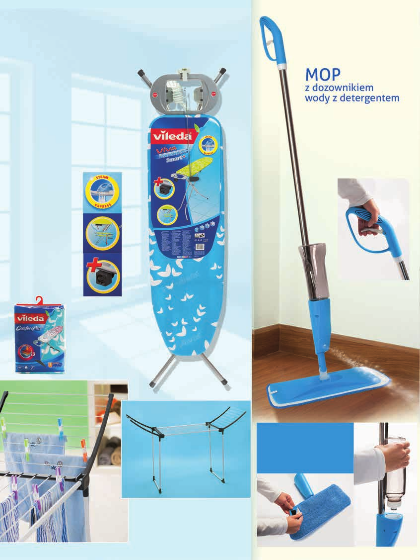 129,99 DESKA DO PRASOWANIA VIVA EXPRESS SMART+ VILEDA 39,99 komfortowa powierzchnia prasowania: 34 x 114 cm blat z siatki metalowej, odporny na działanie pary wodnej stabilny stelaż stalowy pokryty