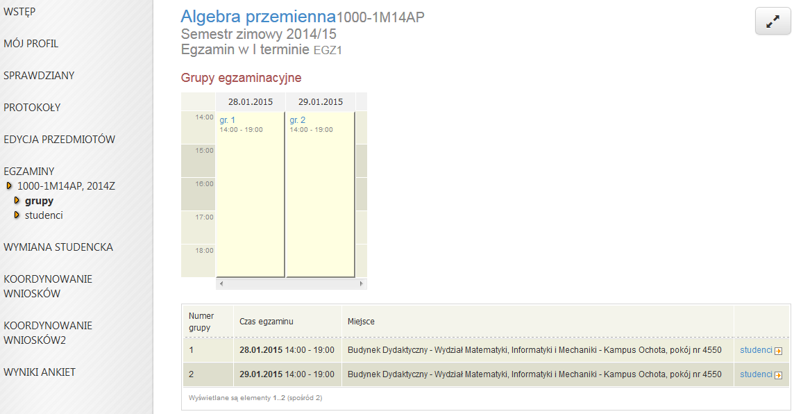 Rys. 16 Interfejs pracownika, strona egzaminu do przedmiotu cyklu Rys.