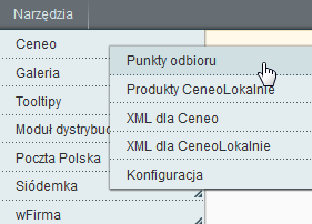 Punkty odbioru Wybieramy Narzędzia->Ceneo->Punkty odbioru W serwisie CeneoLokalnie można zdefiniować punkty