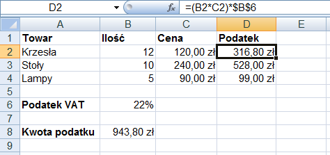 Odwołania bezwzględne i mieszane Przy kopiowaniu formuł Excel dostosowuje odwołania do komórek (np.