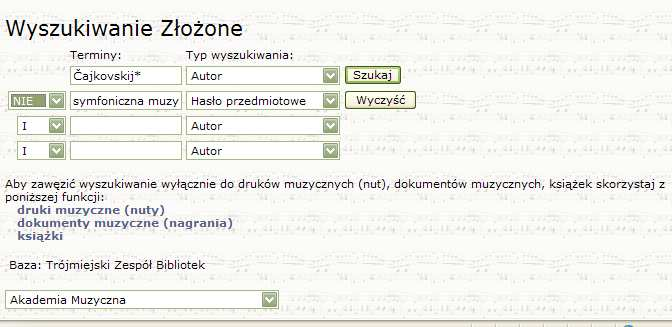 Wyświetli się lista różnych kompozycji Piotra Czajkowskiego z wyjątkiem jego utworów