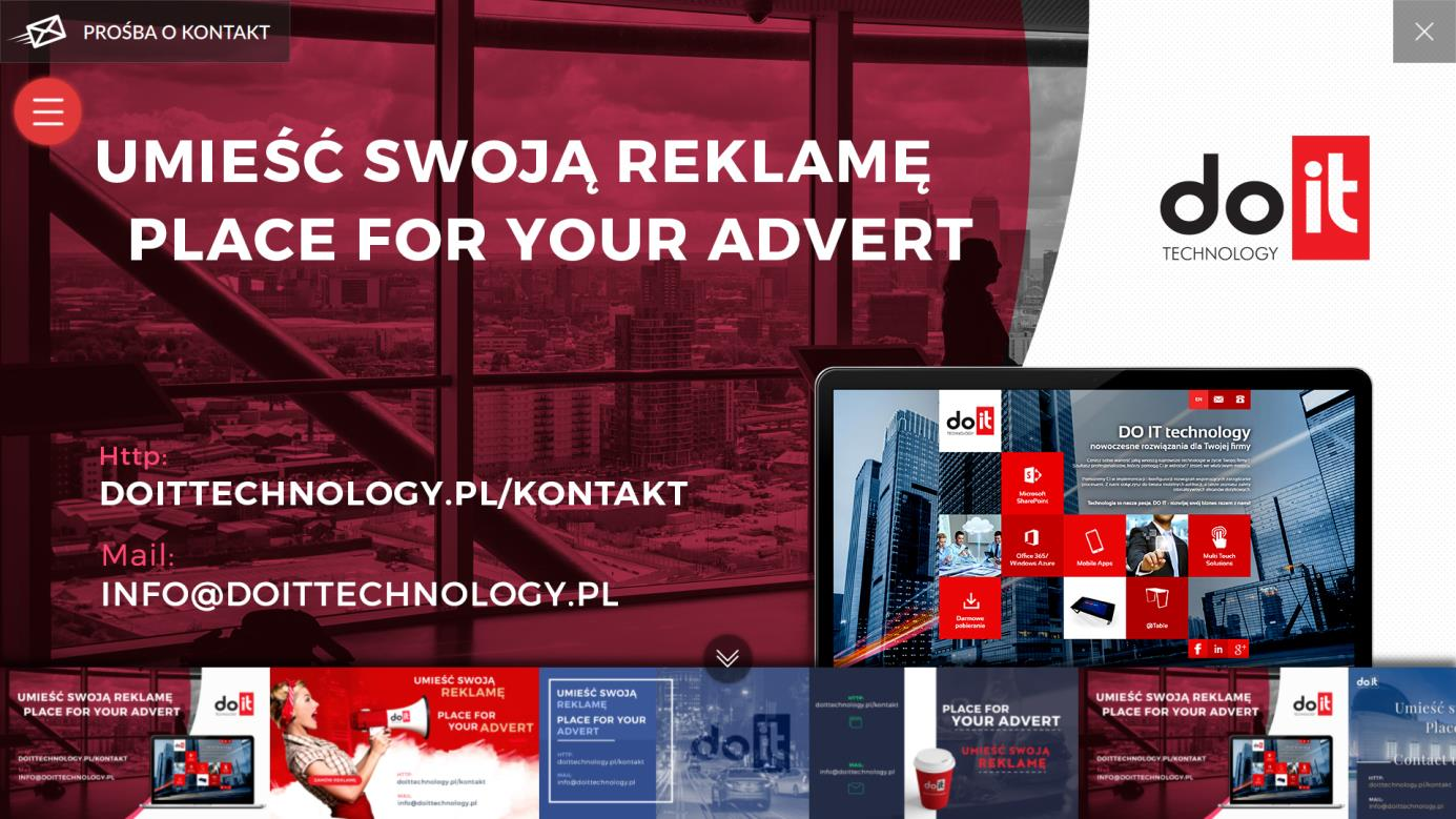 Obraz 25. Widok pełnoekranowy reklamy Opis obrazka (24): Na dole ekranu przewija się pasek z reklamami, a na środku ekranu prezentowana jest treść jednej losowej reklamy.