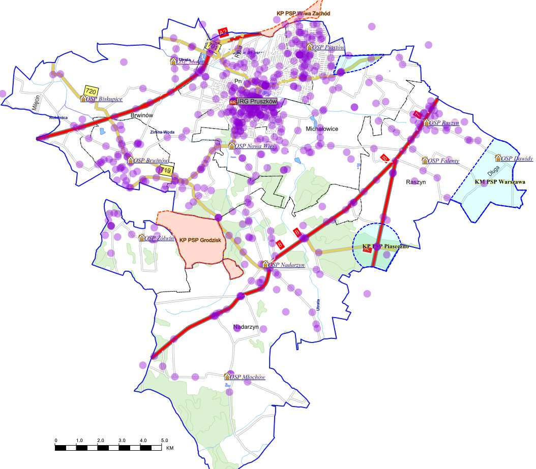 Mapa lokalizacji zdarzeń typu MZ na terenie