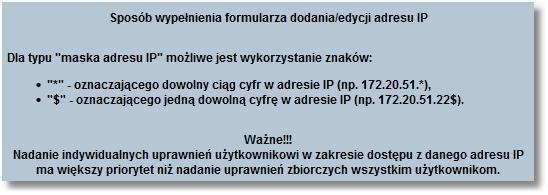 W celu włączenia/wyłącznie konfiguracji filtrowania adresów IP należy w sekcji Filtracja adresów wstawić znacznik przy polu Włącz lub Wyłącz. Domyślnie znacznik wstawiony jest przy polu Wyłącz.