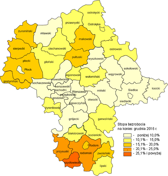 Rysunek 1 Stopa bezrobocia na koniec grudnia 2016 r. Źródło: opracowanie GUS Bezrobotni oraz stopa bezrobocia według województw, podregionów i powiatów grudzień 2016 r.