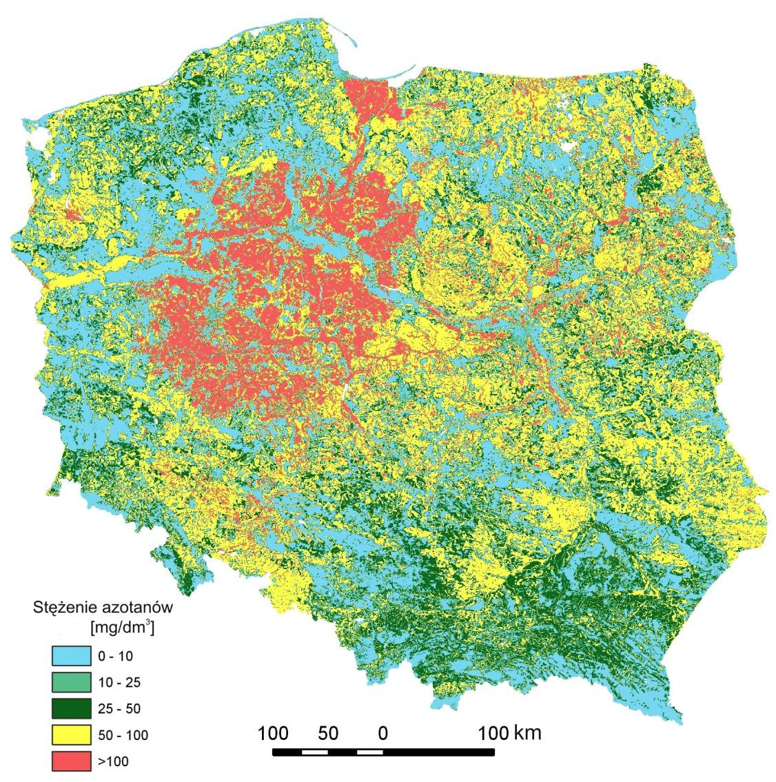 Zagrożenie wód podziemnych zanieczyszczeniem azotanami wg badań modelowych Scenariusz I - dla aktualnego średniego poziomu nawożenia azotem w poszczególnych województwach Mapa stężenia azotanów (NO 3