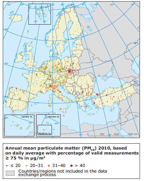 Jakość powietrza w UE pyłu PM 10 Dopuszczalny poziom stężenia pyłu PM 10 40 µg/m 3 stężenie średniorocznie